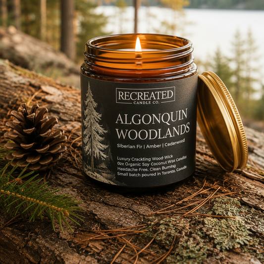Candle jar labeled 'Recreated Candle Co. Algonquin Woodlands' on a log with a forest and lake background.